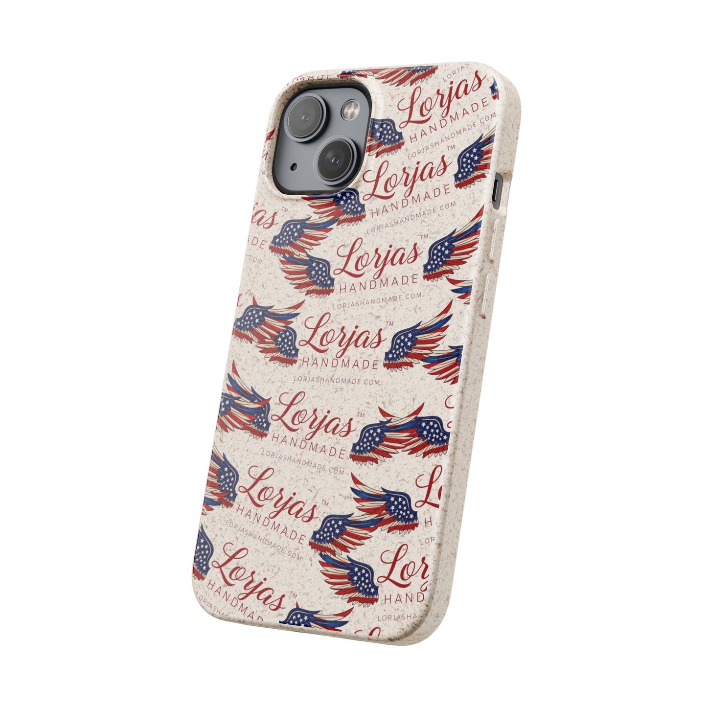 Phone case with American flag design and 'Lorjas Handmade' text on a white background