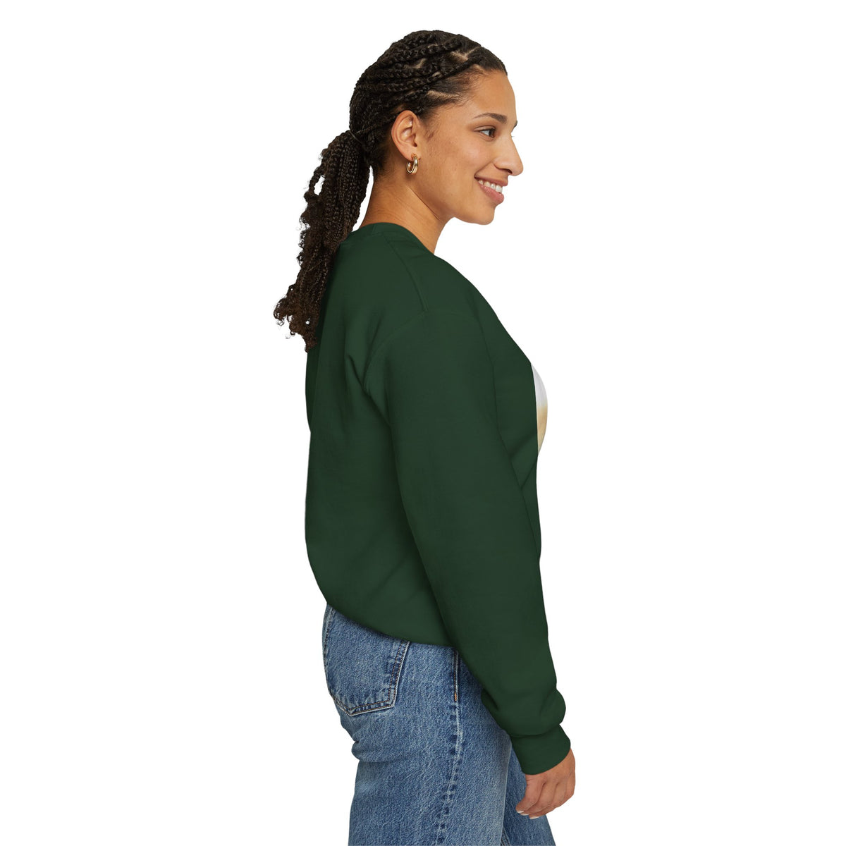 Woman wearing a green sweatshirt and blue jeans on a white background