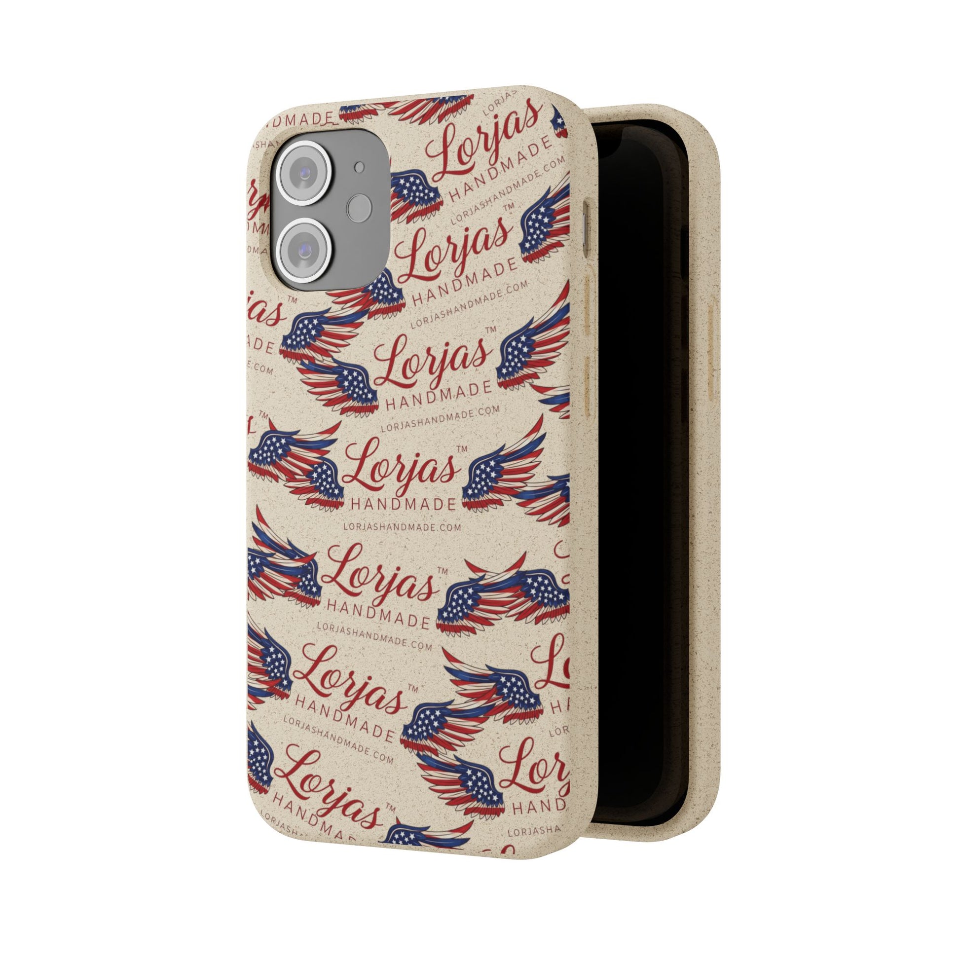Phone case with American flag design and 'Lorjas Handmade' text on a white background