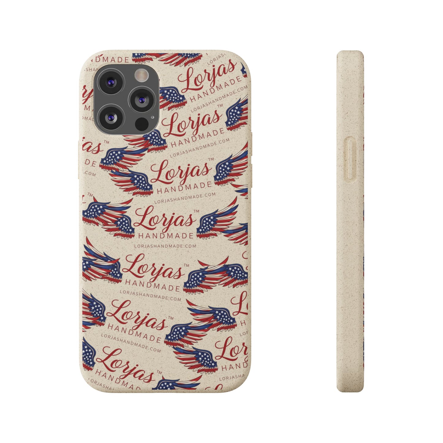 Phone case with American flag design and 'Lorjas Handmade' text on a white background