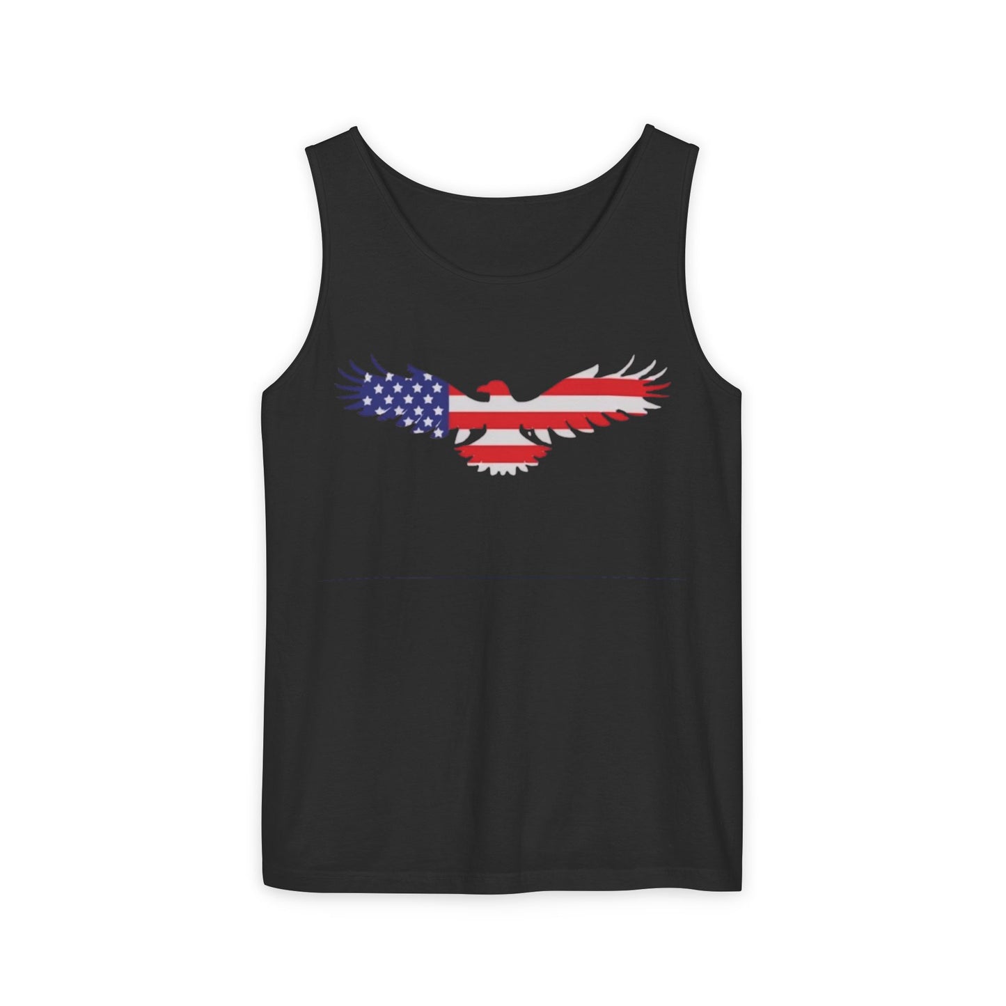 A black sleeveless tank top featuring a graphic of an eagle's wings filled with the American flag pattern, shown against a plain white background.