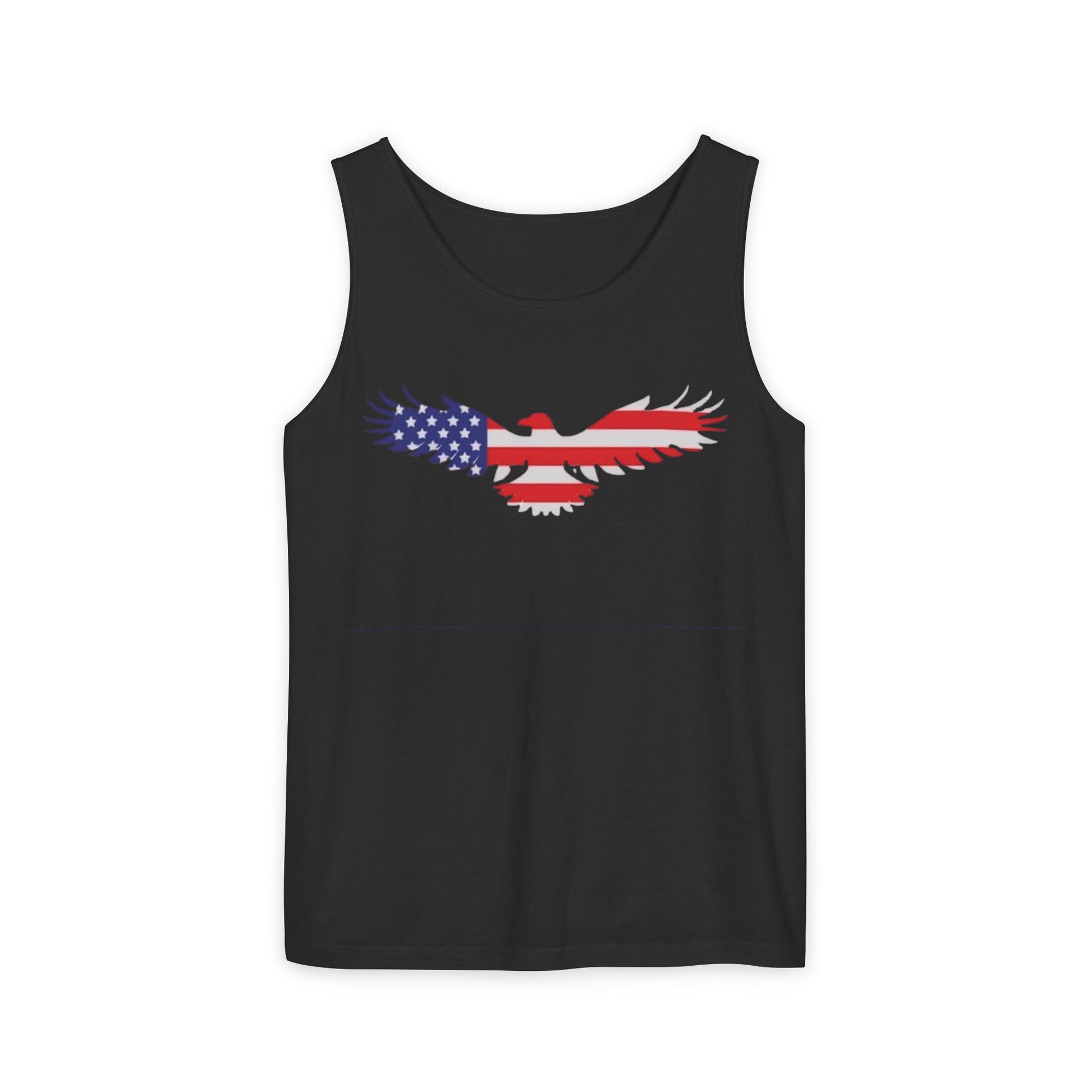 A black sleeveless tank top featuring a graphic of an eagle's wings filled with the American flag pattern, shown against a plain white background.