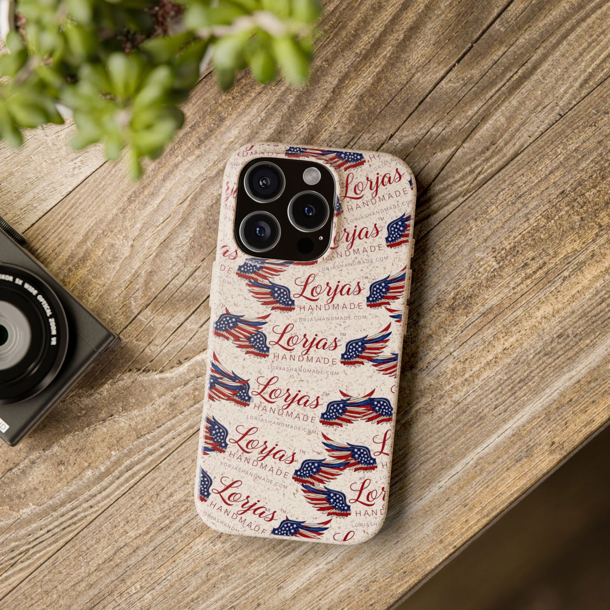 Phone case with American flag design on a wooden surface