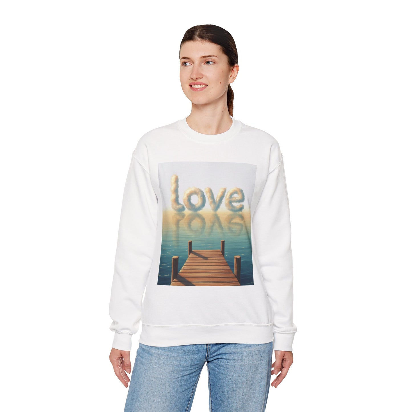 Woman wearing a white sweatshirt with a graphic design and text on a white background