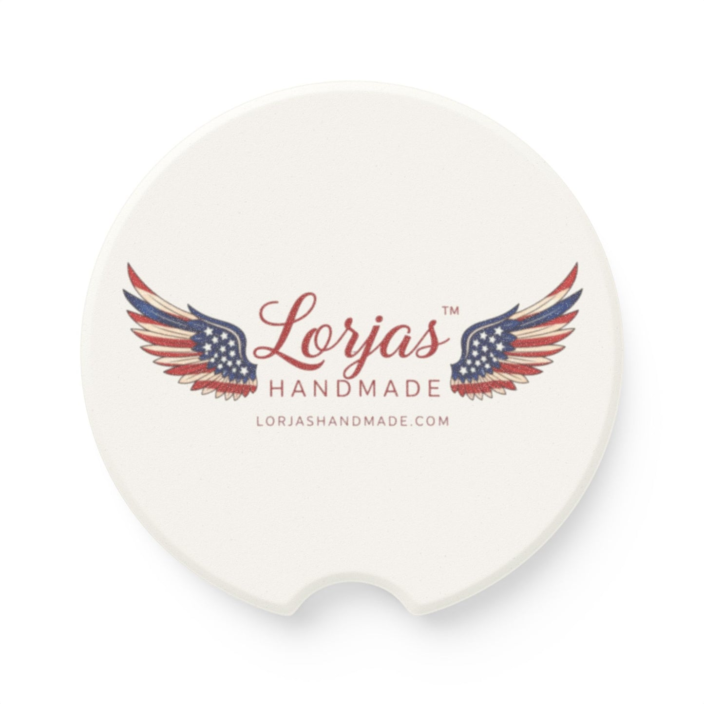 Round coaster with 'Lorjas Handmade' logo featuring wings and an American flag design on a white background.