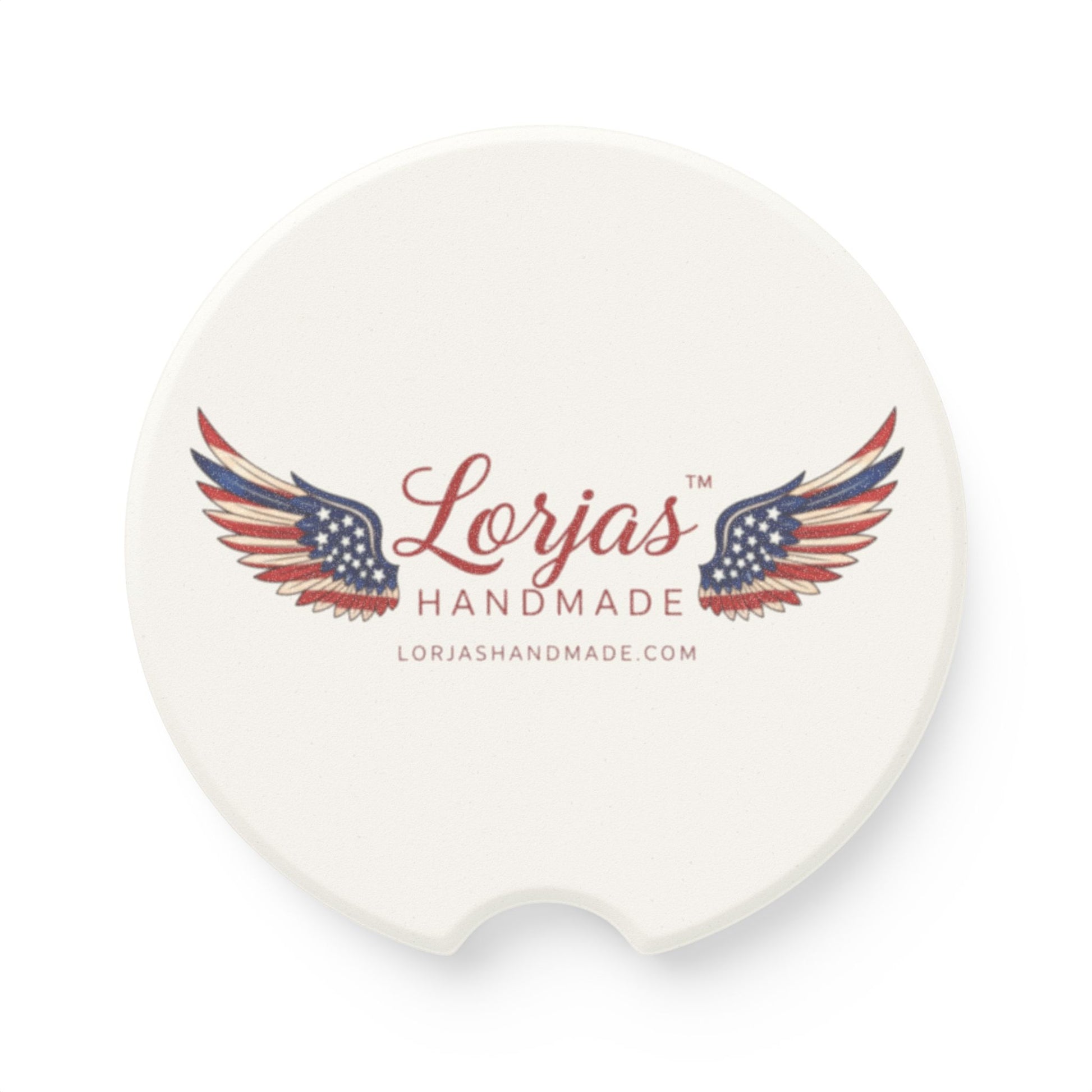 Round coaster with 'Lorjas Handmade' logo featuring wings and an American flag design on a white background.