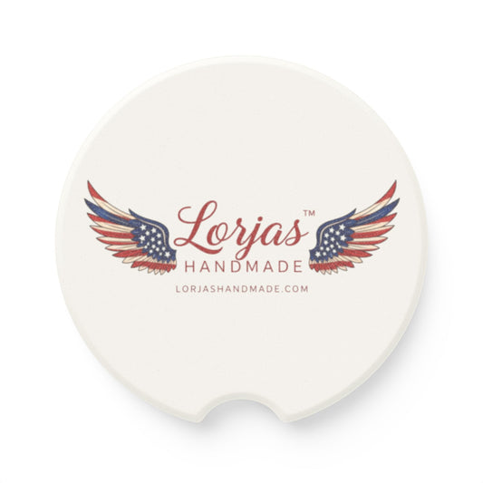 Round coaster with 'Lorjas Handmade' logo featuring wings and an American flag design on a white background.