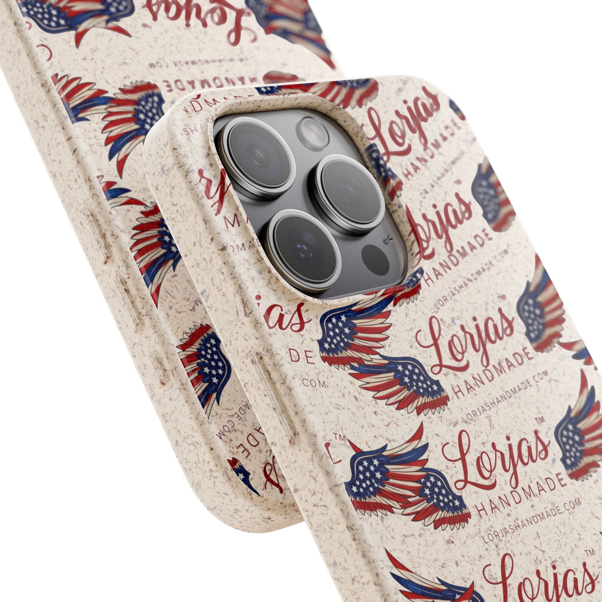 Phone case with American flag design and 'Lorjas Handmade' branding on a white background