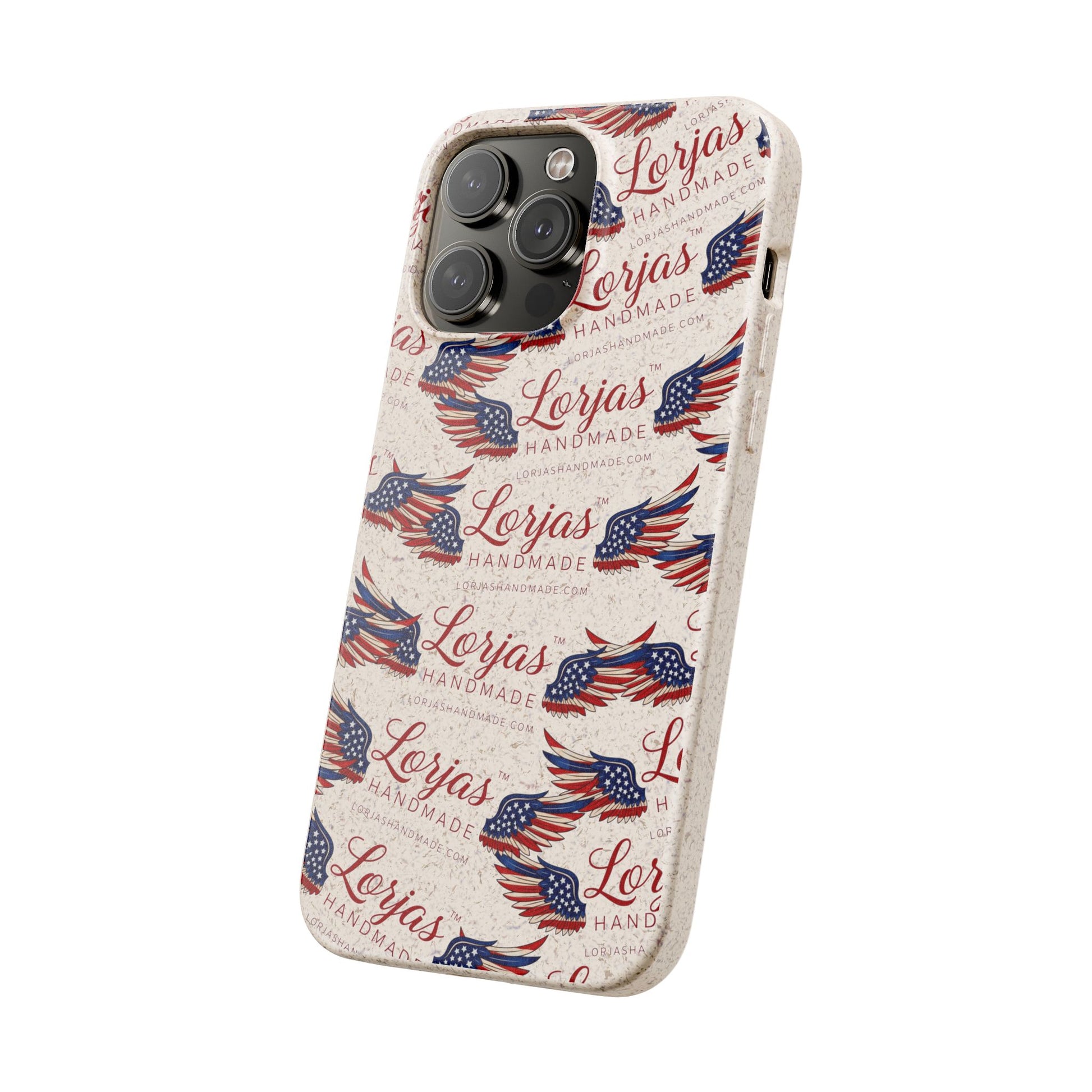 Phone case with American flag design and 'Lorjas' branding on a white background
