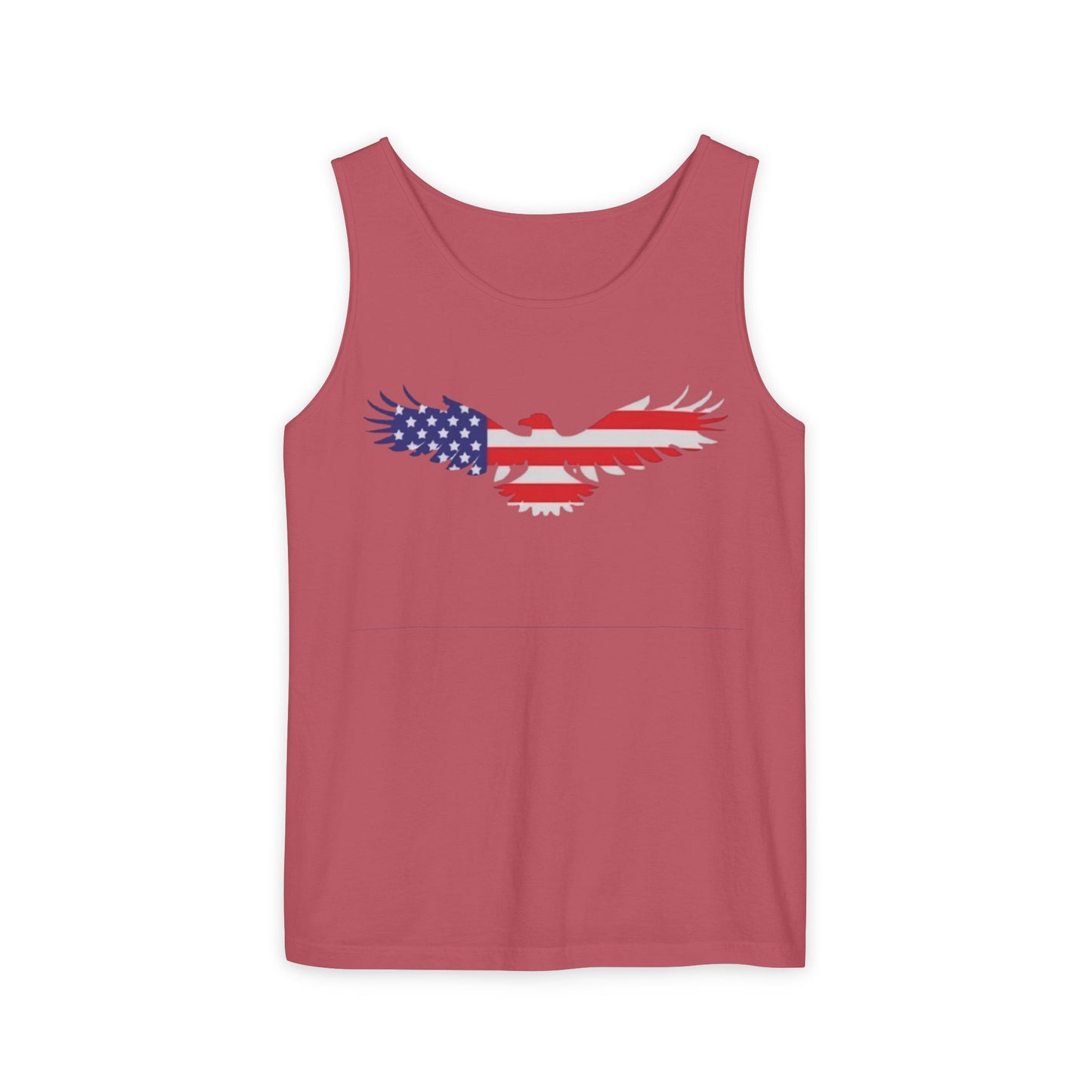 A sleeveless tank top in dusty rose pink, featuring a graphic of a stylized eagle with wings patterned like the American flag (blue with white stars on the left, red and white stripes on the right) on the chest, set against a plain white background.