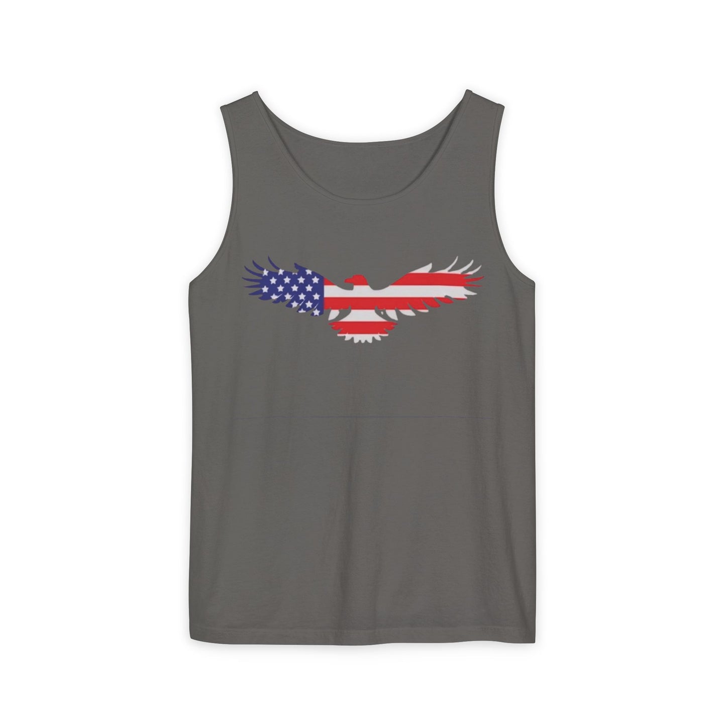A dark gray sleeveless tank top featuring a graphic of a stylized eagle filled with the American flag pattern, displayed on a clean white background.