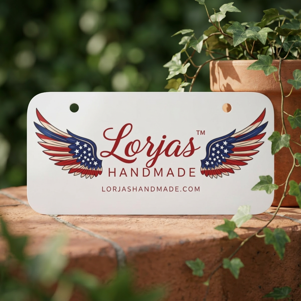 Lor’Jas Handmade Patriotic Americana Winged Brand Logo Mini License Plate