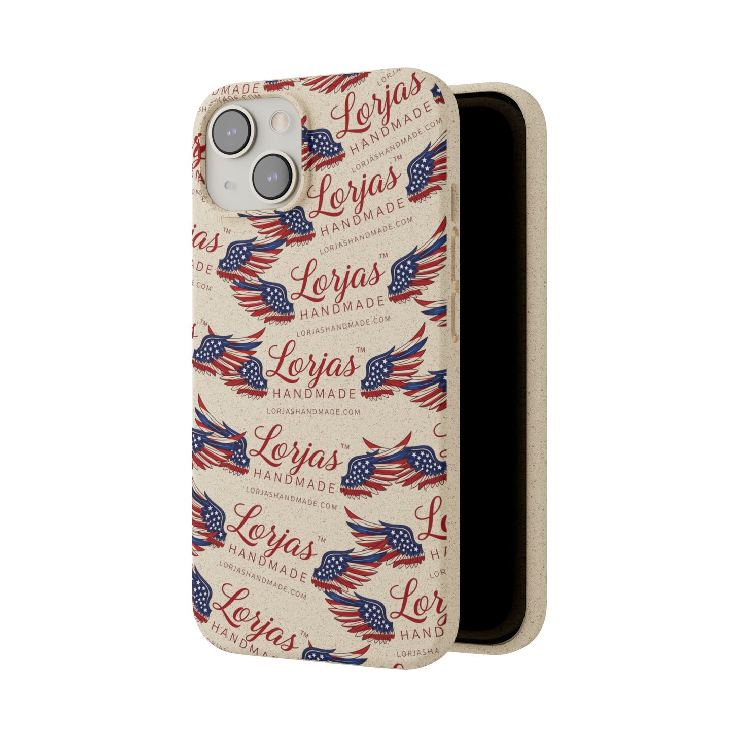 Phone case with American flag design and 'Lorjas Handmade' branding on a beige background