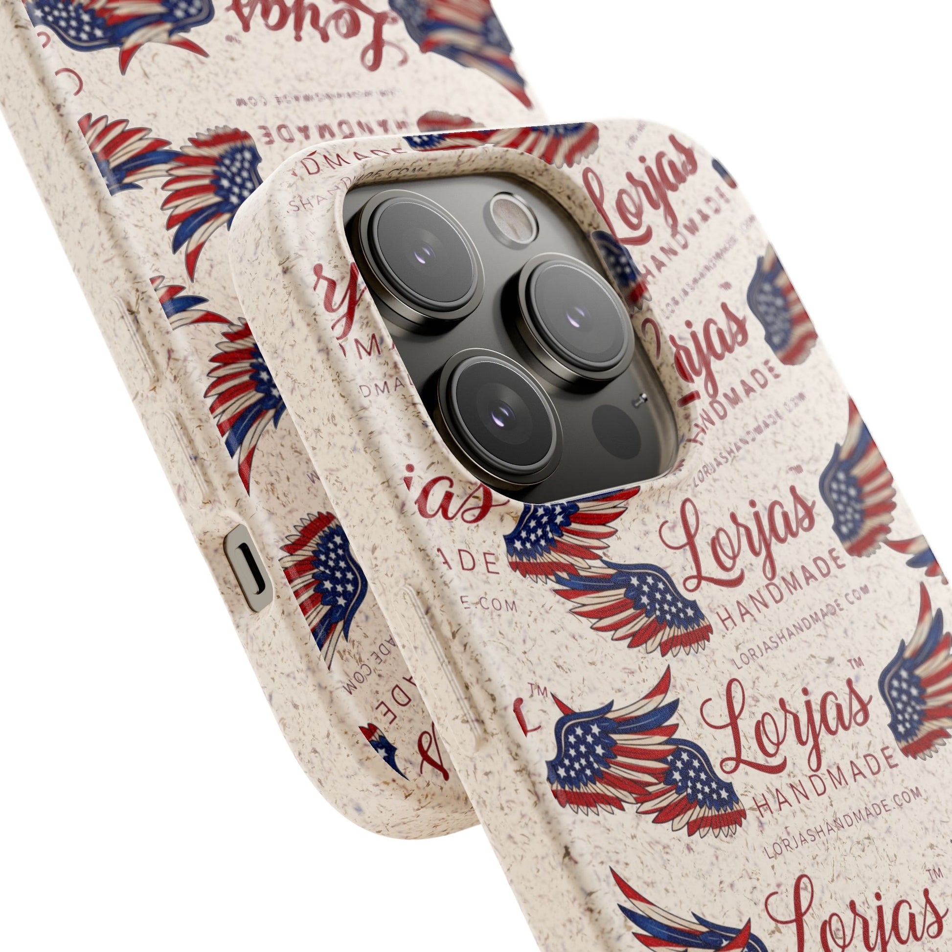 Phone case with American flag design and 'Lorjas Handmade' branding