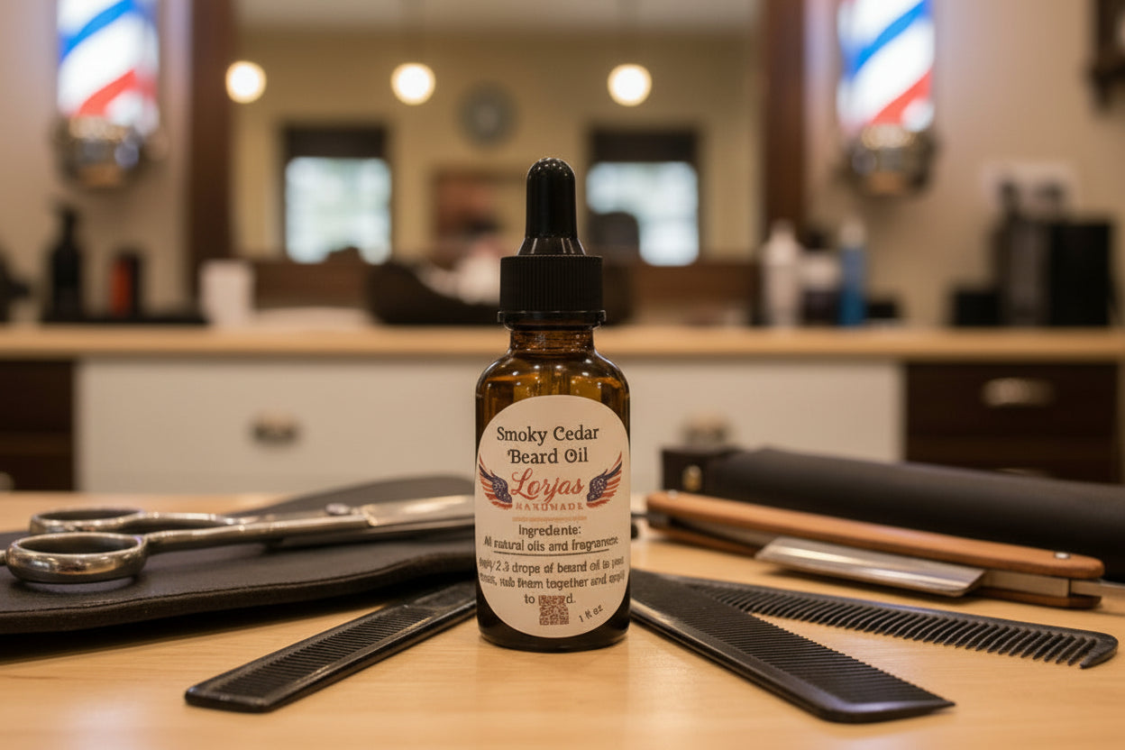 Bottle of Smoky Cedar Beard Oil on a barbershop counter with scissors and a comb.