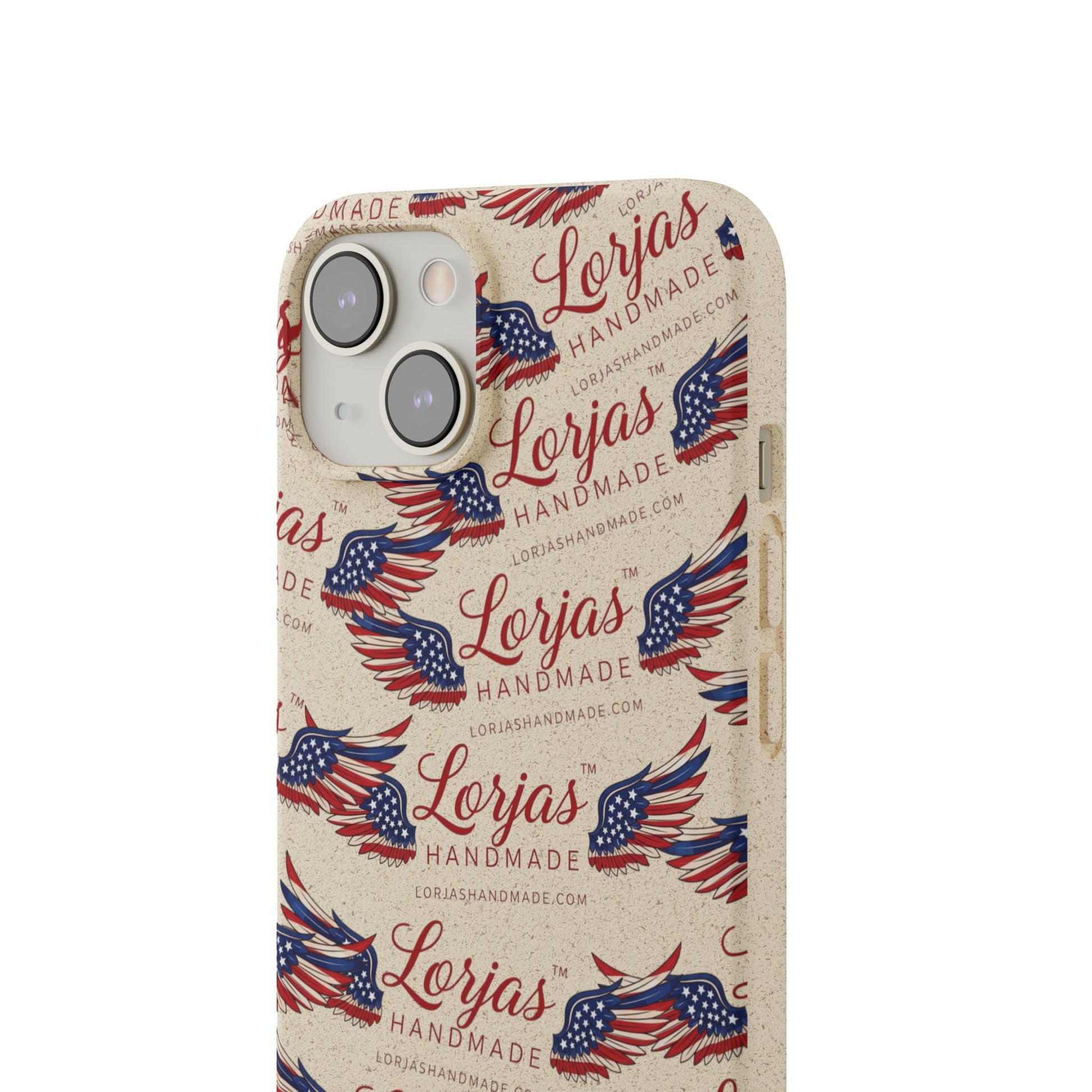 Phone case with 'Lorjas Handmade' branding and American flag design on a beige background