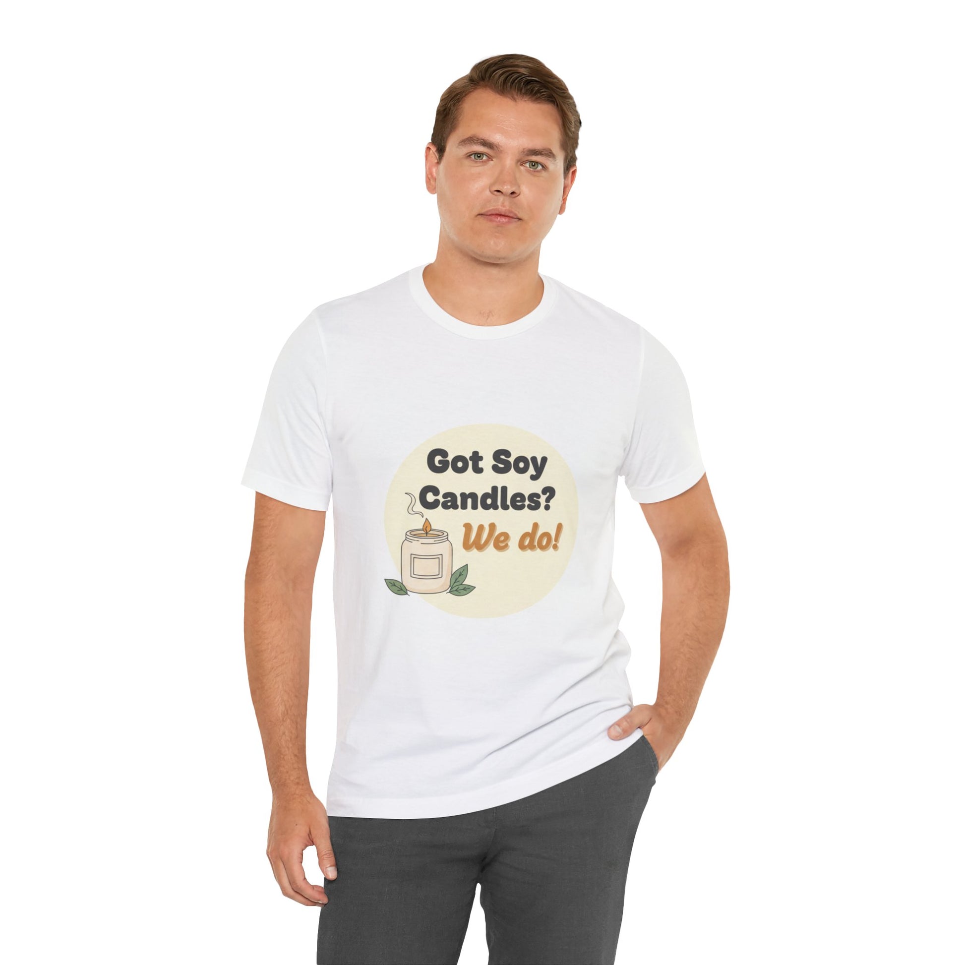 Male model wearing a white t-shirt with a graphic and text on a white background