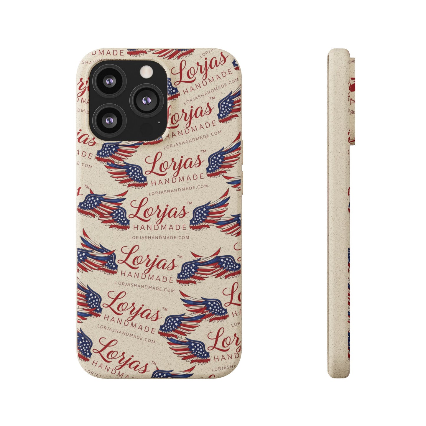 Phone case with American flag design and 'Lorjas Handmade' text on a white background