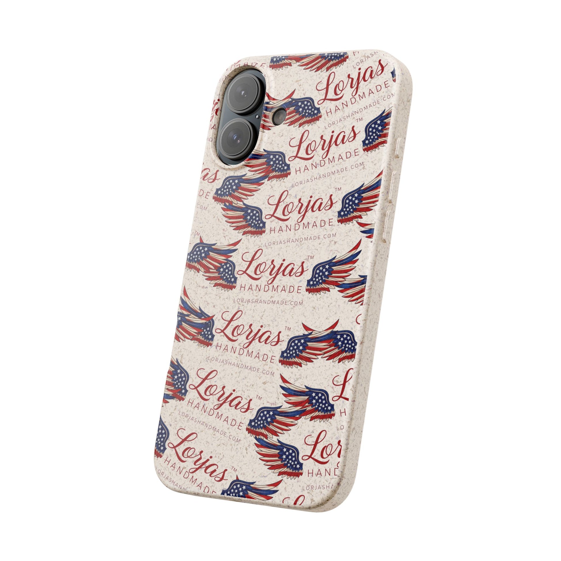Phone case with 'Lorjas' branding and American flag design on a white background