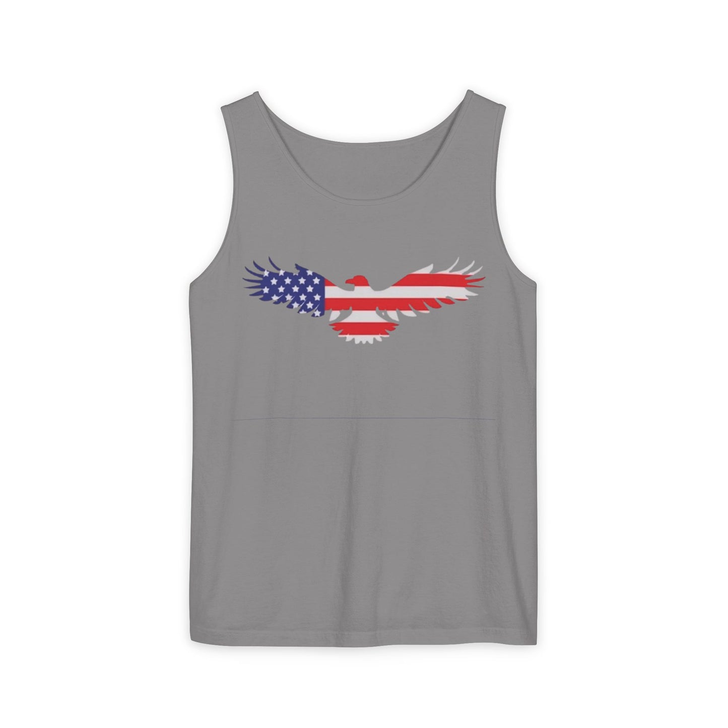 A gray sleeveless tank top featuring a graphic of an eagle filled with the American flag pattern, displayed on a clean white background.