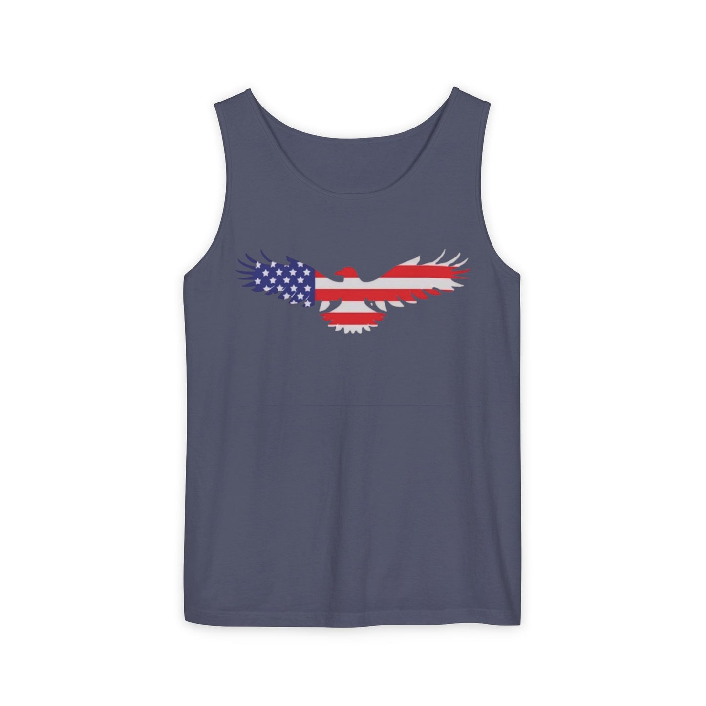 A sleeveless tank top in slate blue-gray, featuring a graphic of an eagle's wings filled with the American flag pattern on the chest, displayed against a solid white background.