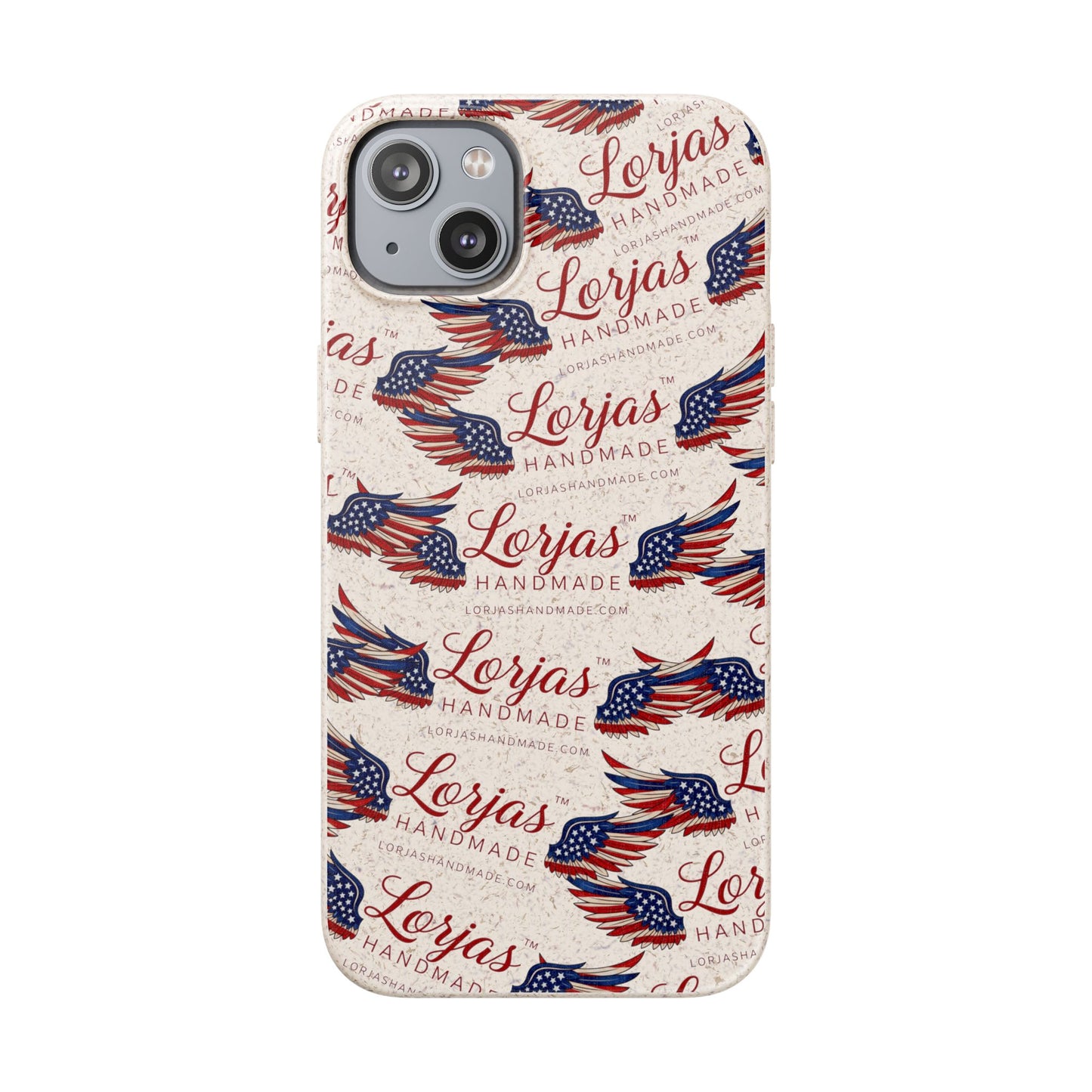 Phone case with American flag design and 'Lorjas Handmade' text on a white background