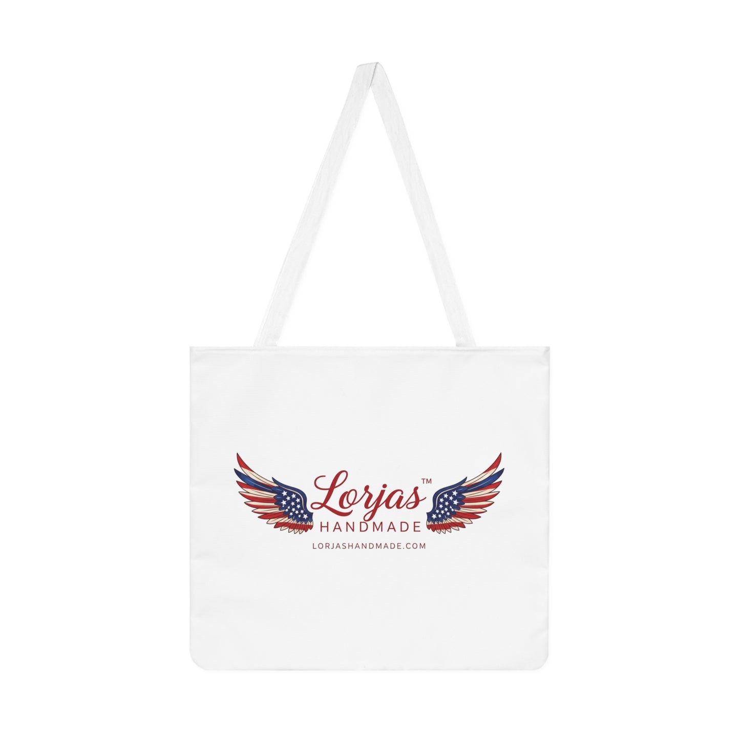 White tote bag with 'Lorjas Handmade' logo on a white background
