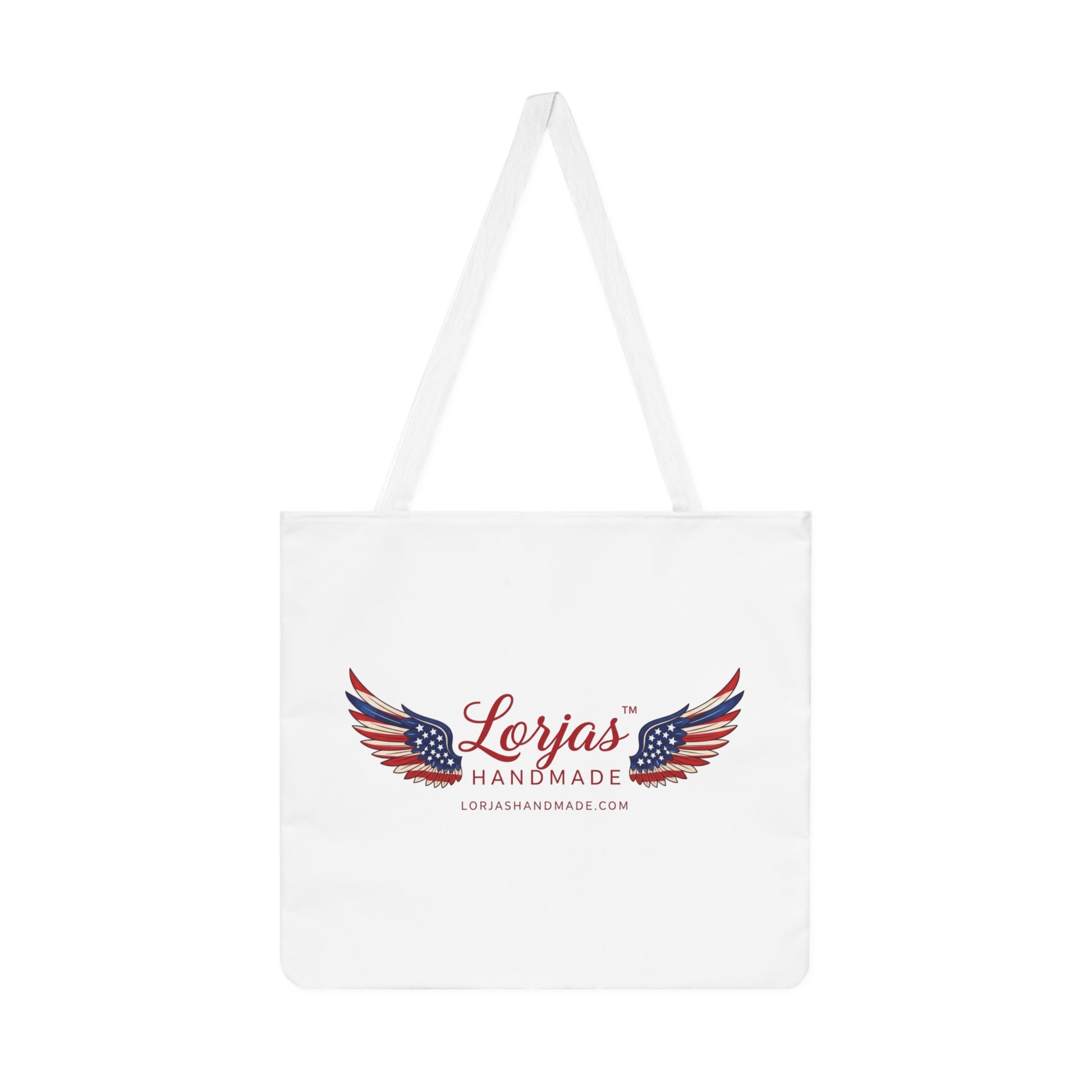 White tote bag with 'Lorjas Handmade' logo on a white background