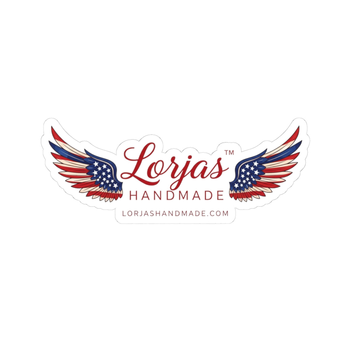 Sticker with American flag wings and 'Lorjas Handmade' text on a white background