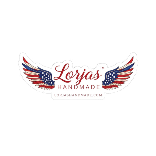Sticker with American flag wings and 'Lorjas Handmade' text on a white background