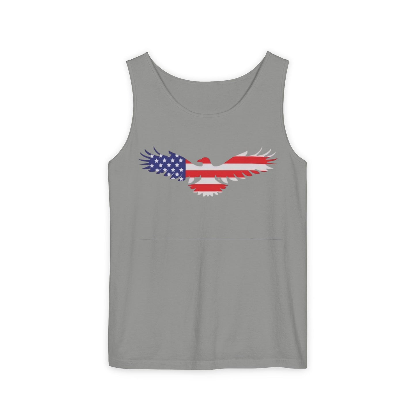 A gray sleeveless tank top featuring a stylized eagle graphic filled with the American flag pattern on the chest, shown against a plain white background.