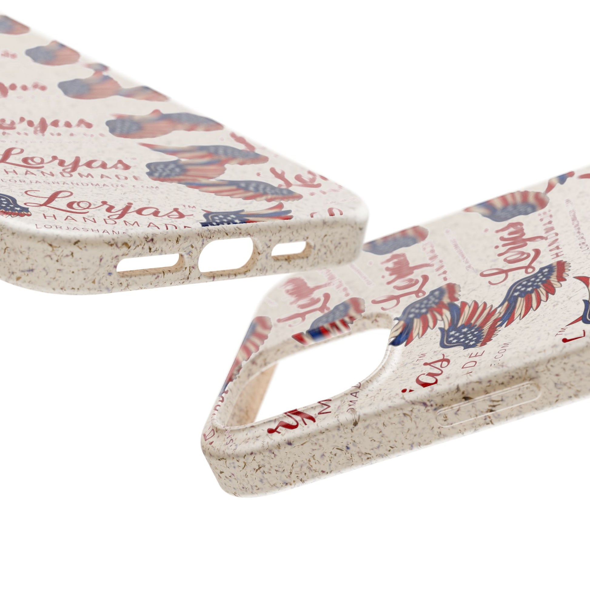 Close up of 2 smartphone cases and 'Lorjas Handmade' branding on a white background