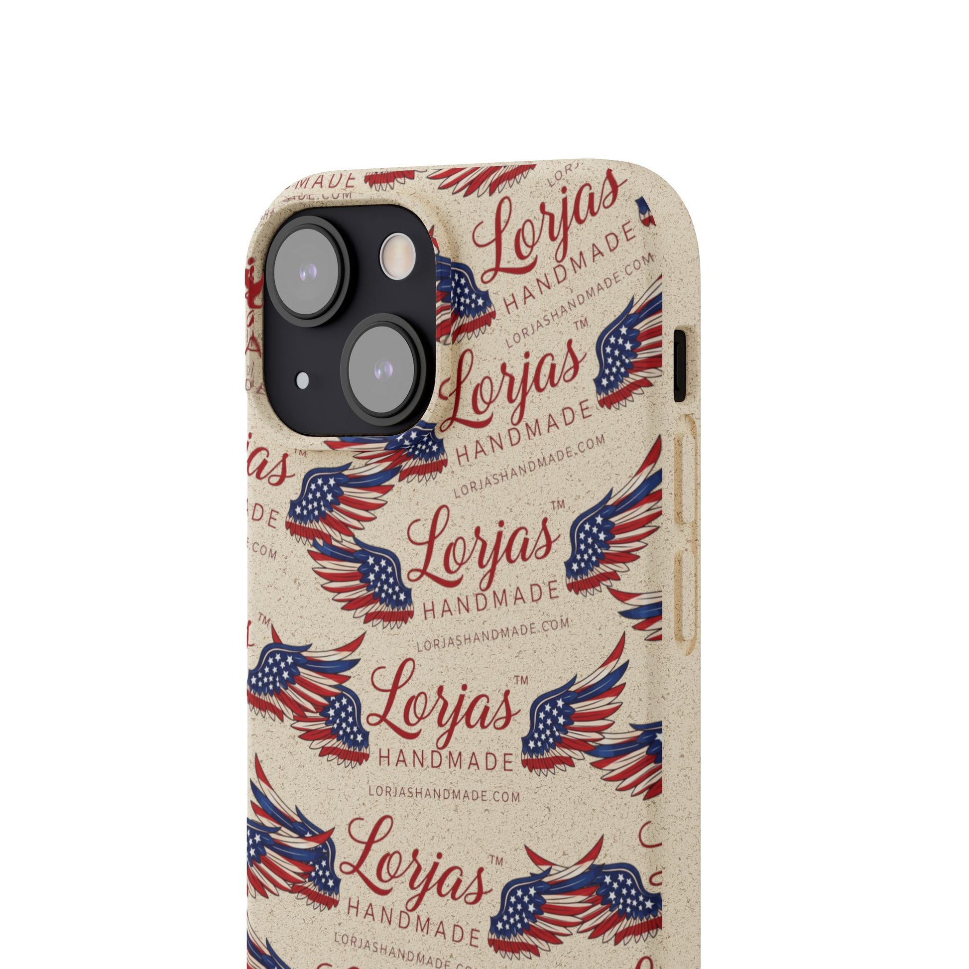 Phone case with 'Lorjas Handmade' branding and American flag design on a beige background