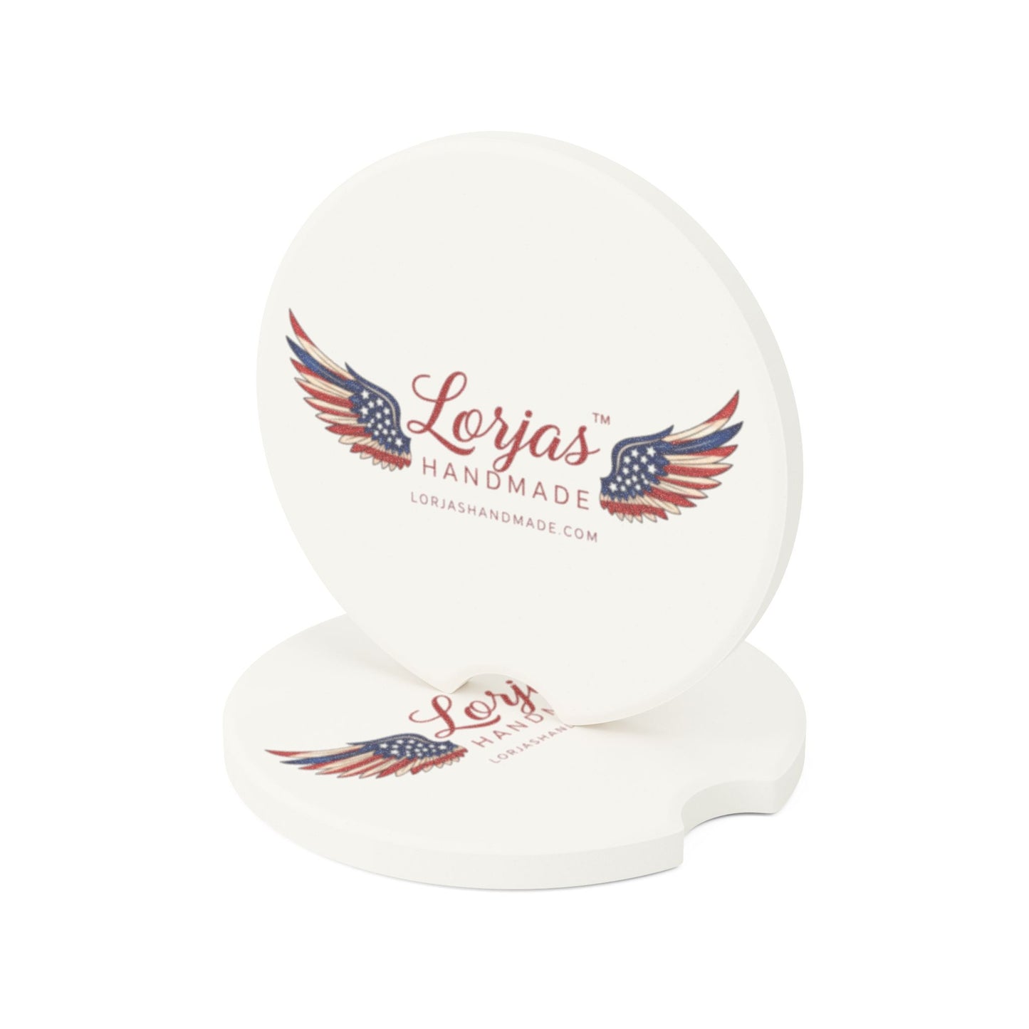 Two white coasters with 'Lorjas Handmade' branding on a white background