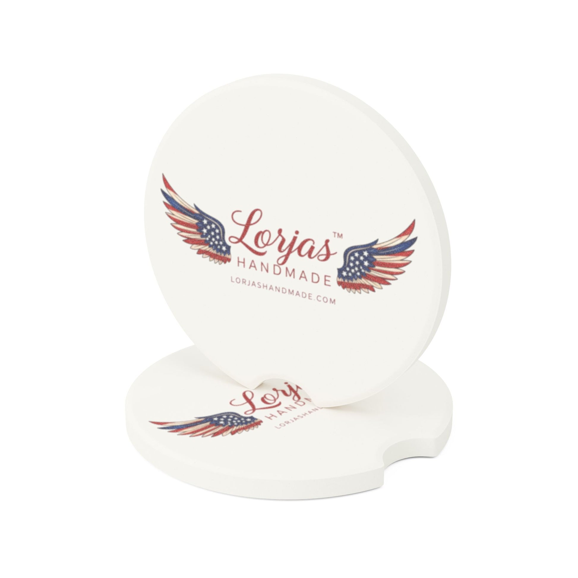 Two white coasters with 'Lorjas Handmade' branding on a white background