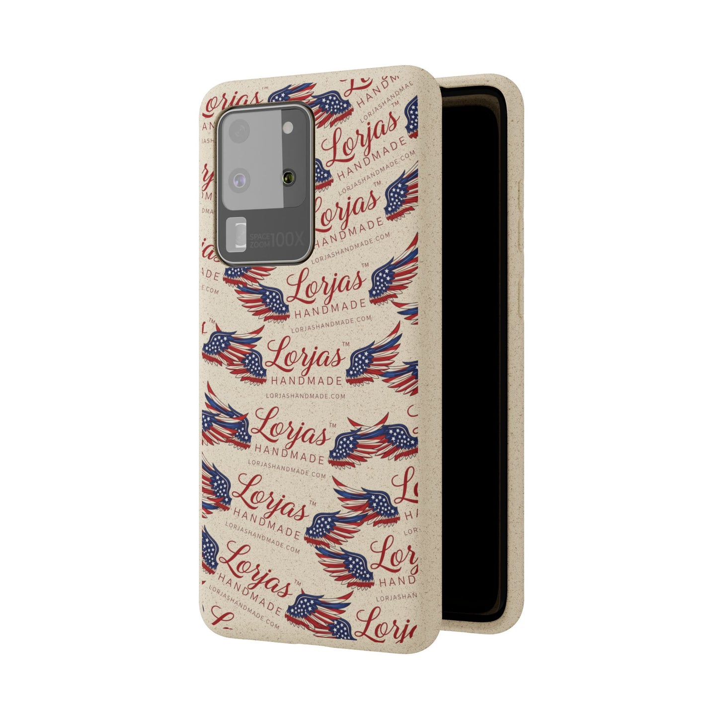 Phone case with American flag design and 'Lorjas Handmade' text on a white background