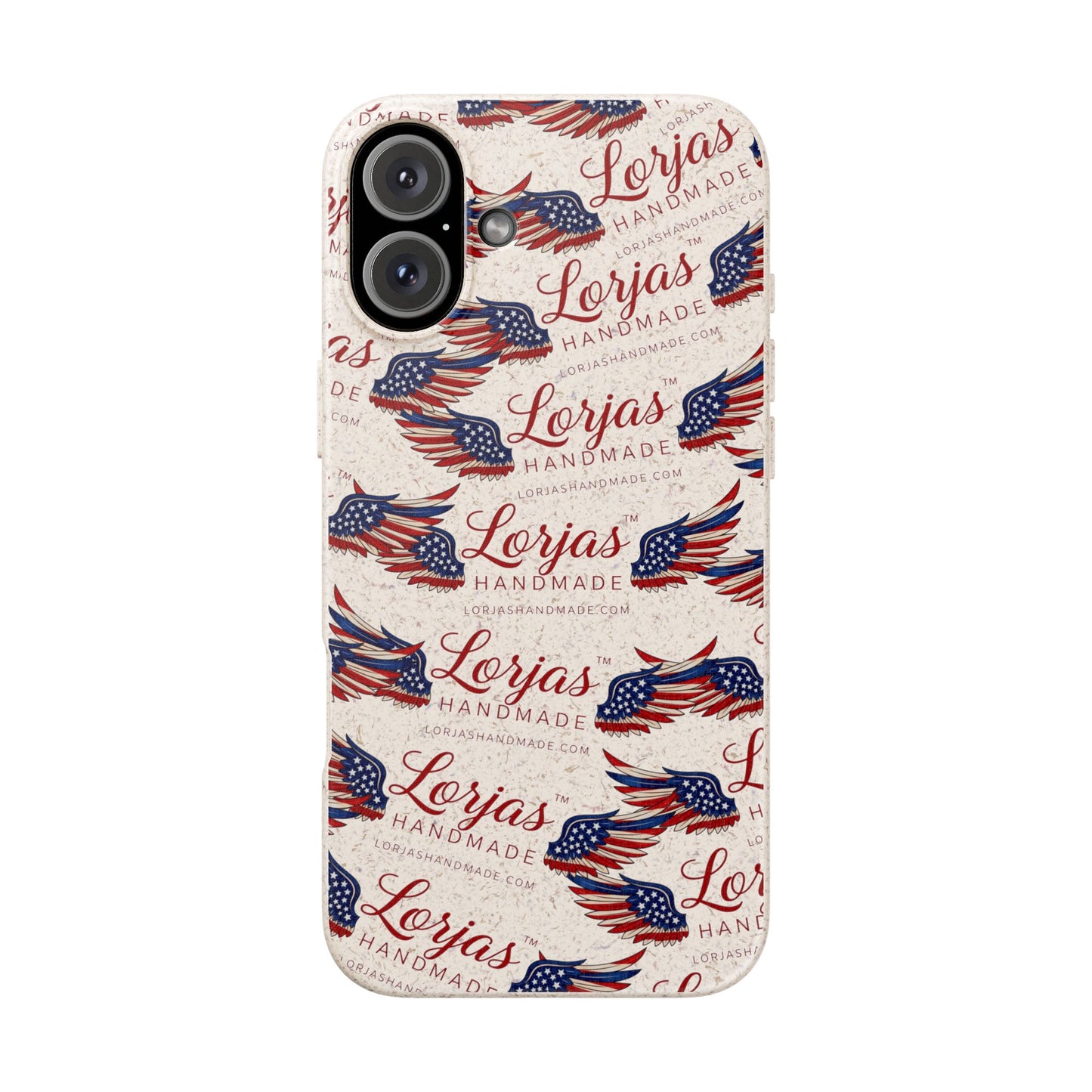 Phone case with American flag design and 'Lorjas Handmade' text on a white background