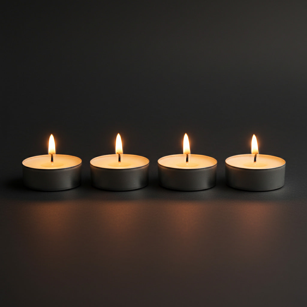 Four lit light beige LorJas handmade lightly scented soy tea lights in a row with a white background