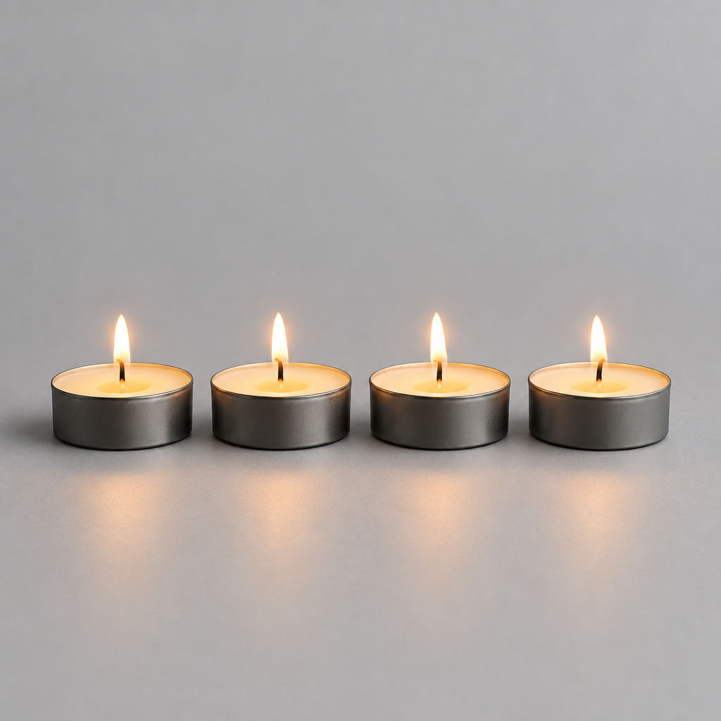 Four lit Lor’Jas Handmade tealights in dark gray metal cups arranged in a row on a smooth light gray surface against a neutral gray background.