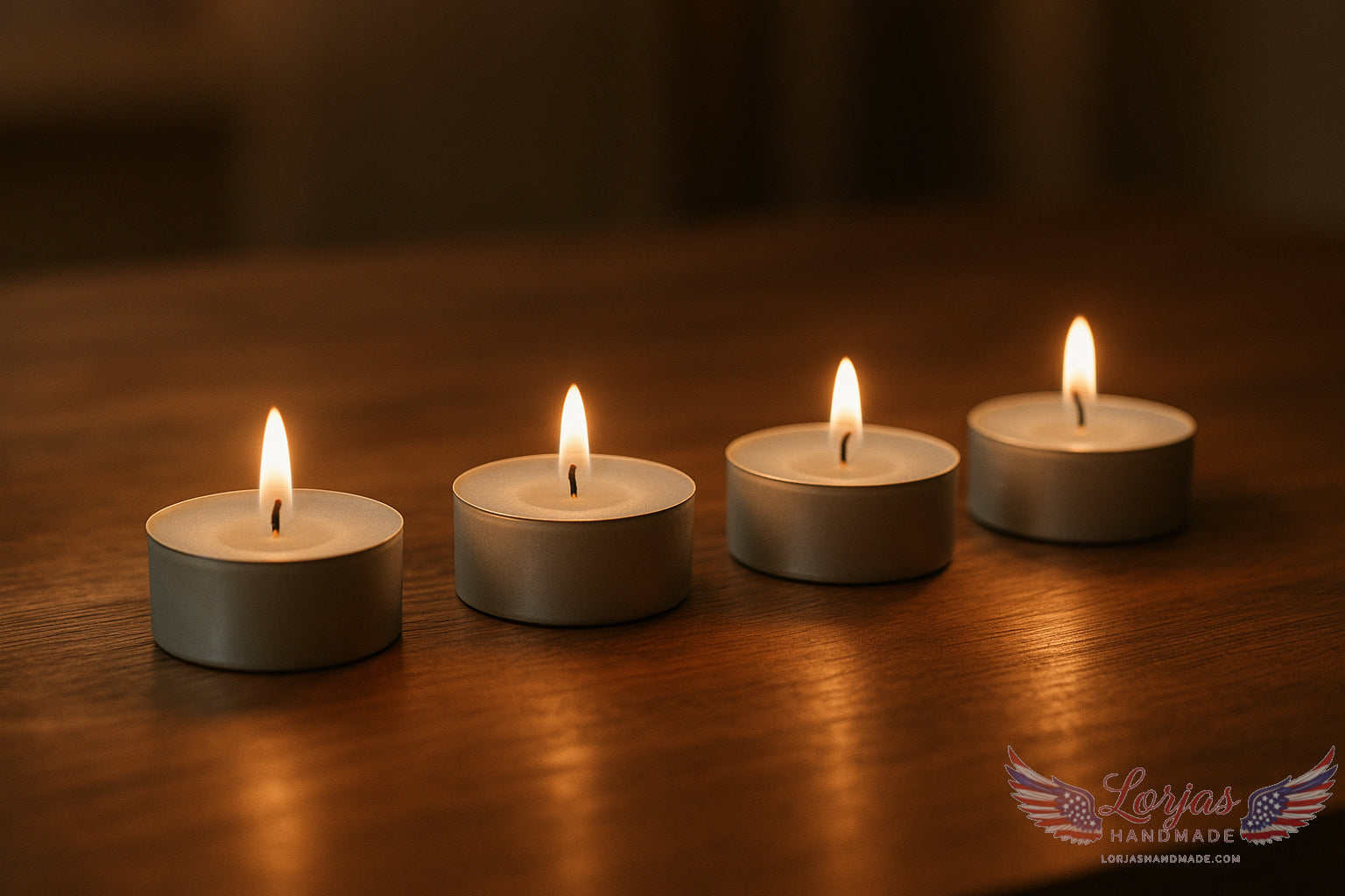 Four lit light blue-grey tealights on a woodgrain countertop with a warm ambient glow
