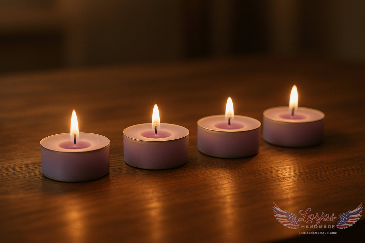 Four lit light purple tealights on a woodgrain countertop with a warm ambient glow