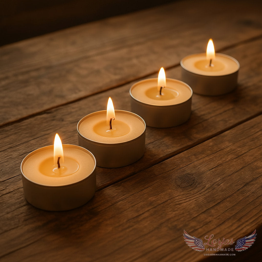 Four pleasantly lit light tan LorJas Handmade lightly scented soy tealights on a detailed woodgrain table highlighted by natural ambient lighting and featuring the LorJas Handmade brand logo.