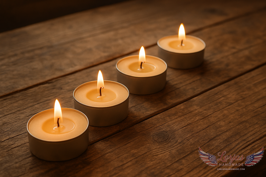 4 lit light tan tea lights on a woodgrain table with ambient lighting