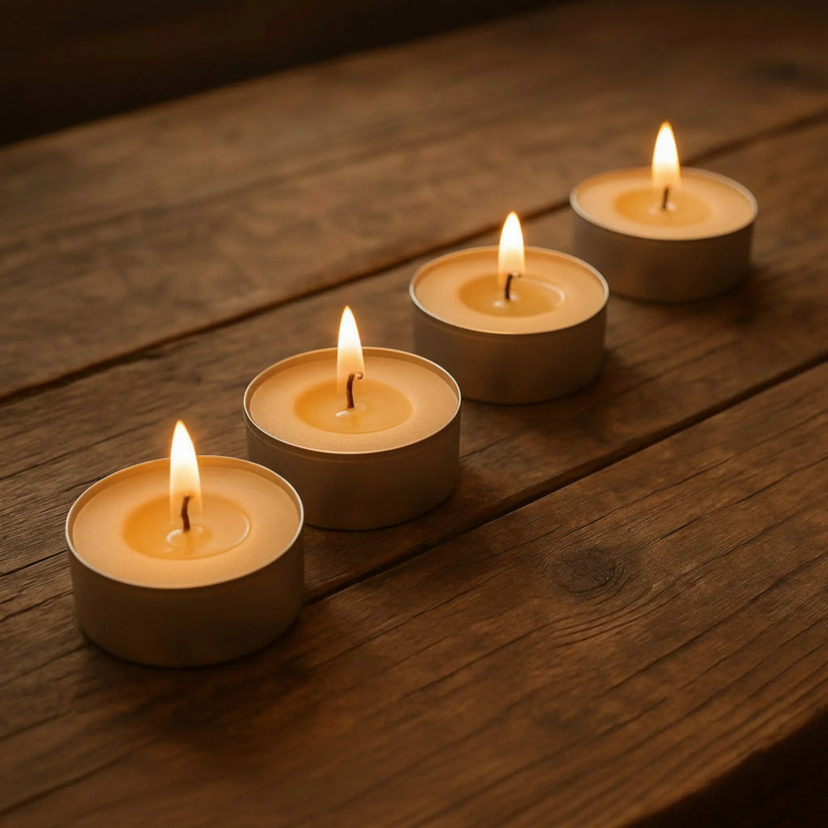 Four pleasantly lit light tan LorJas Handmade lightly scented soy tealights on a detailed woodgrain table highlighted by natural ambient lighting.