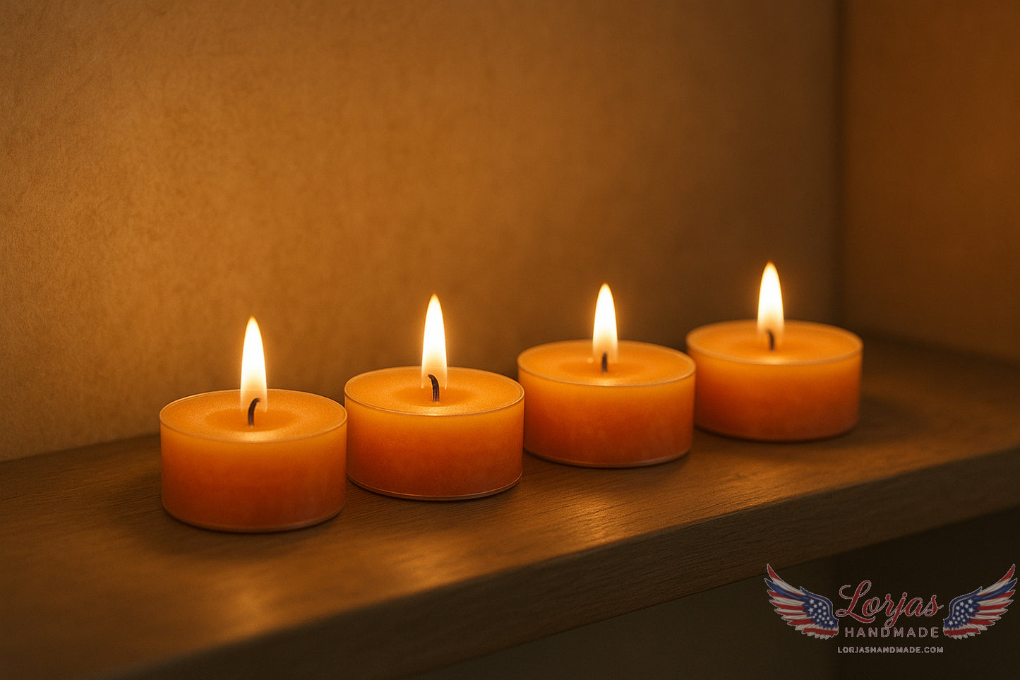 Four lit candles on wooden shelving with a warm ambient glow, featuring the LorJas Handmade logo.