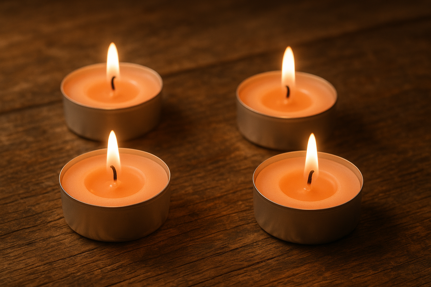 4 lit peach color tealights on a detailed woodgrain surface