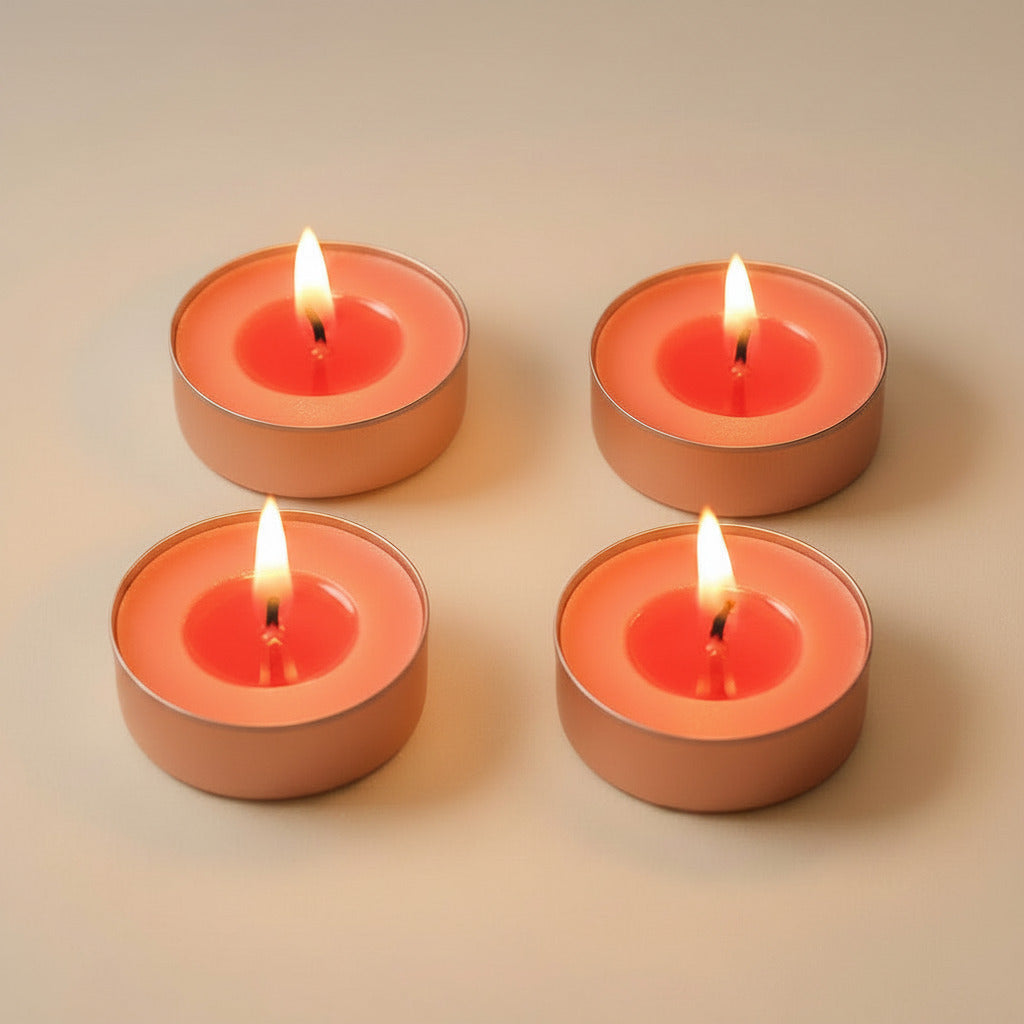 Four lit peach-colored LorJas Handmade lightly scented soy candles on a beige background