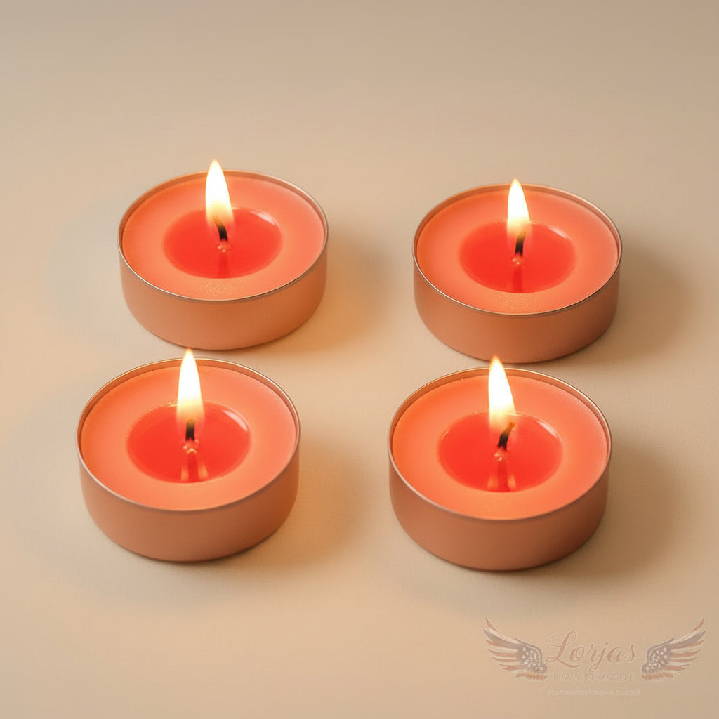 Four lit peach-colored LorJas Handmade lightly scented soy candles on a beige background