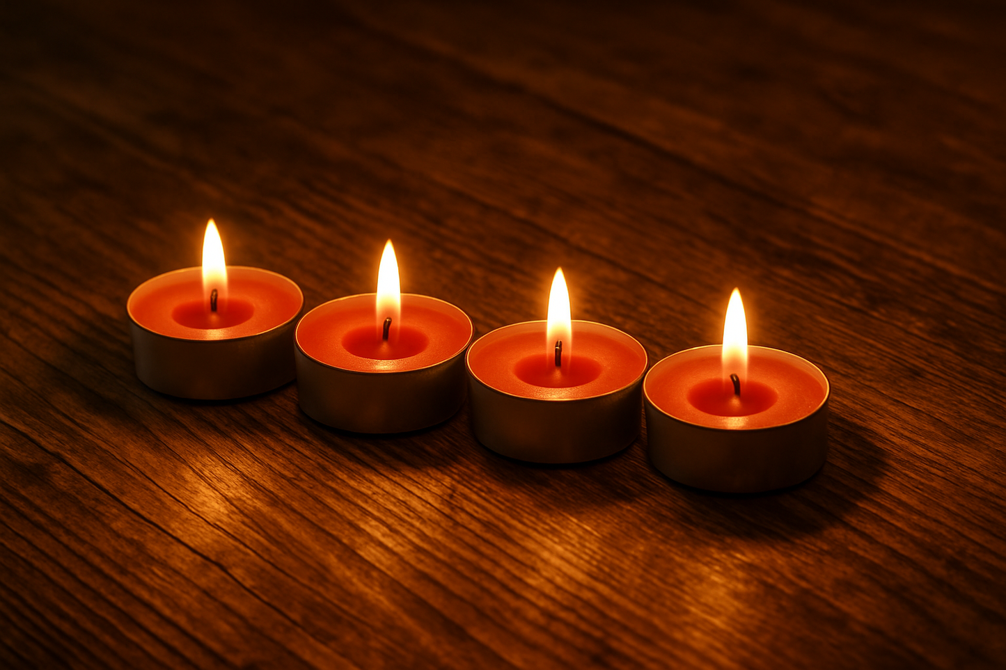 Four lit red tea lights lined up on a woodgrain counter with a nice ambient glow surrounding them