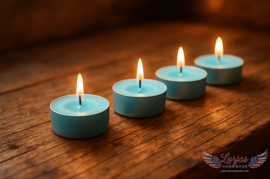 Four lit sky blue tealights on a woodgrain surface with 'LorJas Handmade' logo in bottom corner.